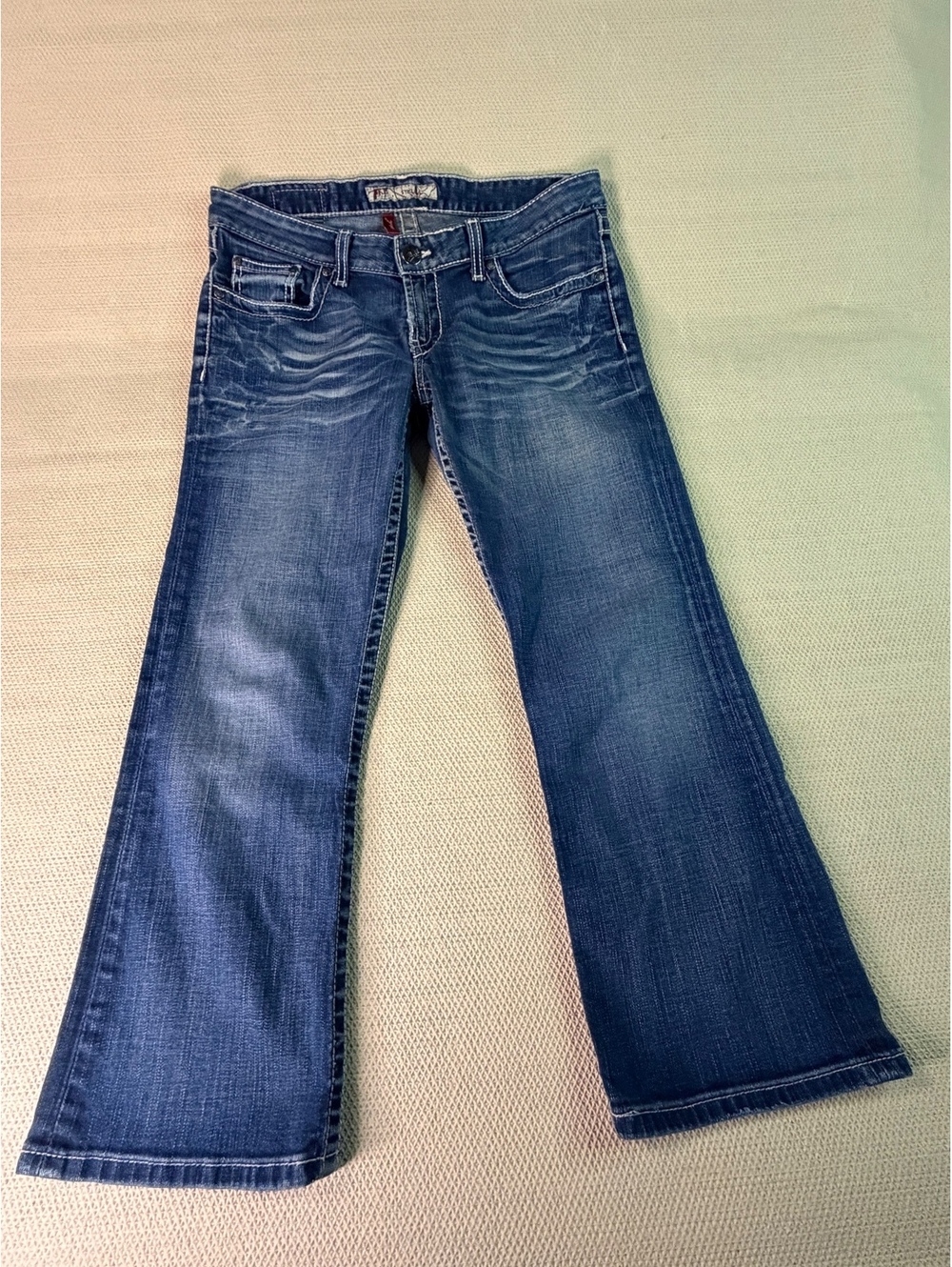 BKE Stella Low Rise Bootcut Jeans  Thick Stitch Distressed Blue Denim